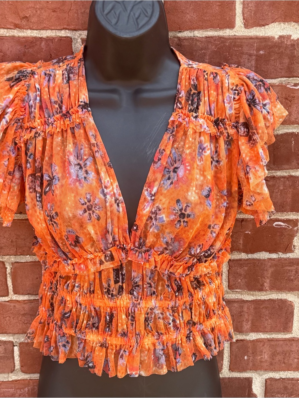 Free People Sheer Orange Floral Mesh Top